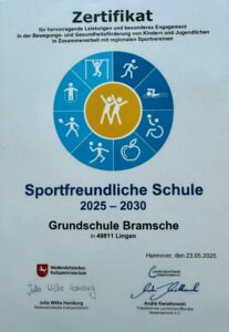 Wir sind ausgezeichnet sportlich!!!! Sonnenschule Bramsche als „Sportfreundliche Schule“ zertifiziert
